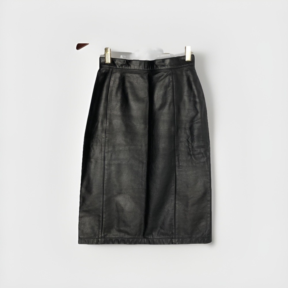 Amati Skirt‎ Women 5/6 Black Leather Pencil Midi High Waisted Vintage Minimalist